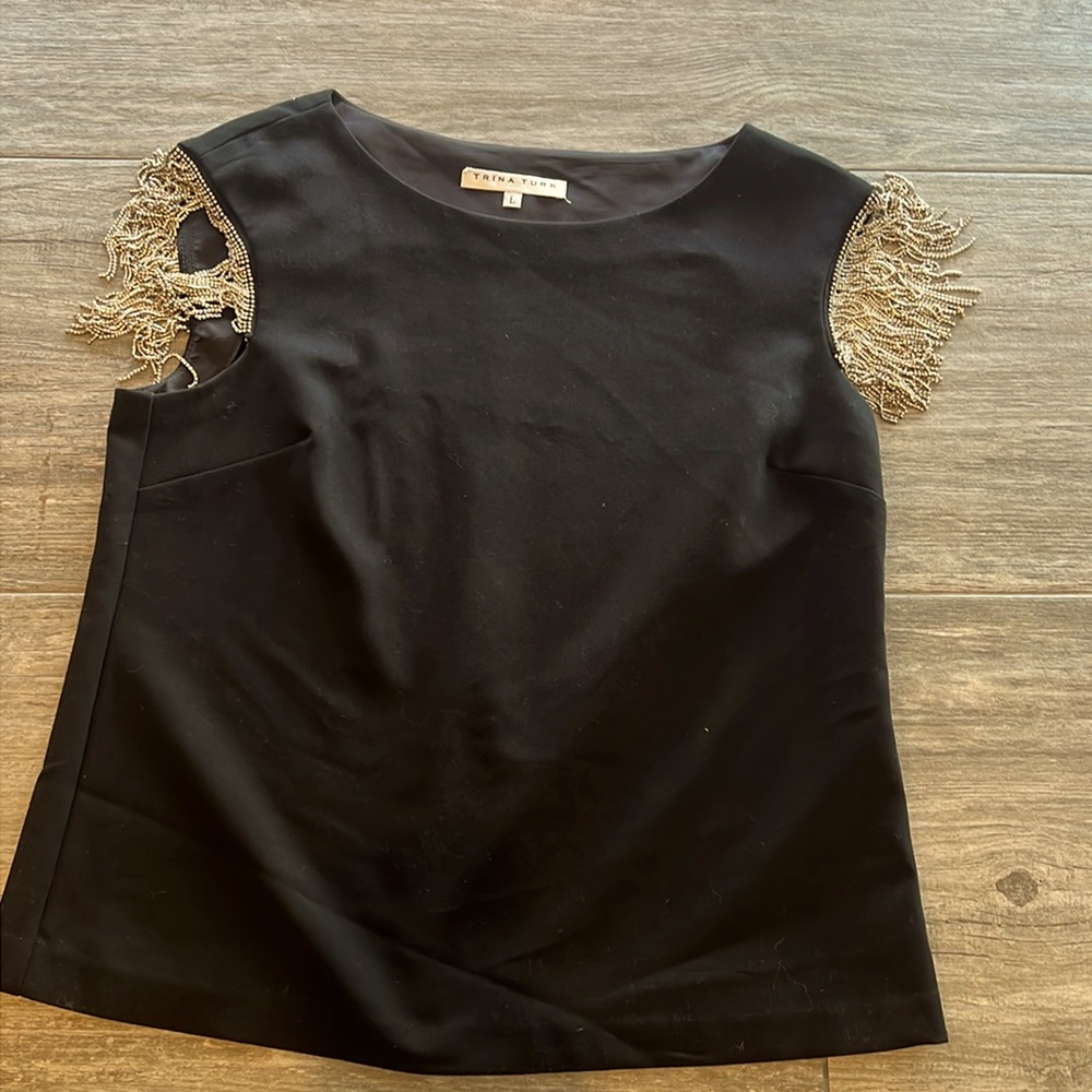 Black dress top rhinestone fringe shoulders, perfect condition